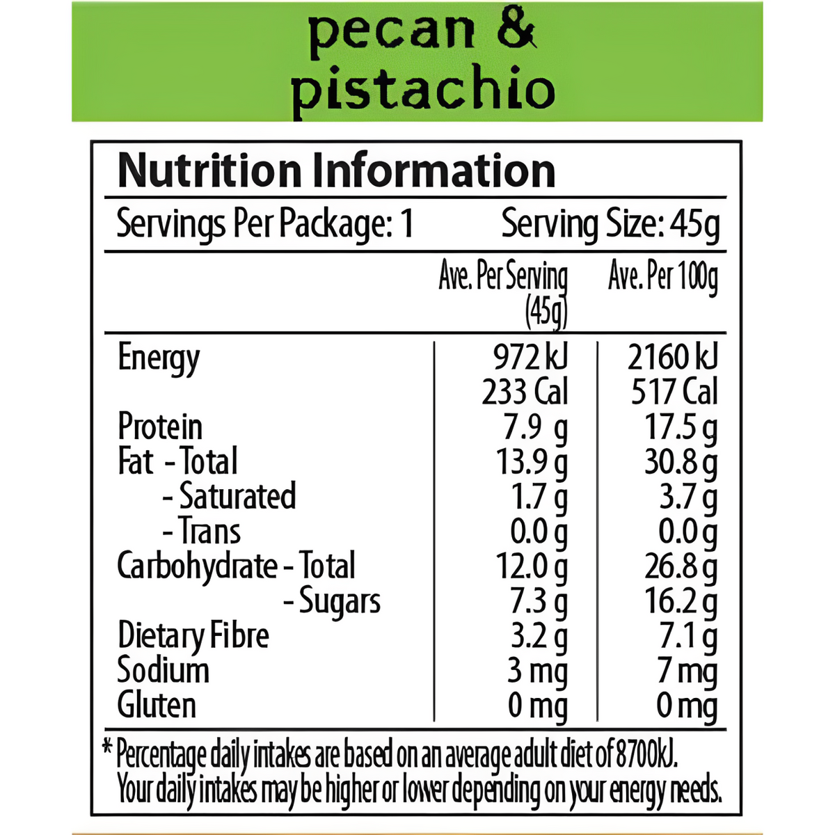 Pecan & Pistachio 45g Gluten Free Nut Bar