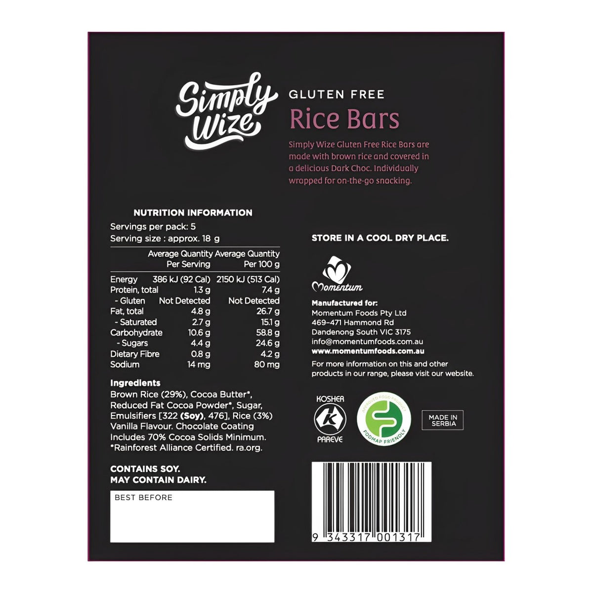 Rice Bars in Dark Choc 90g Gluten Free Bar