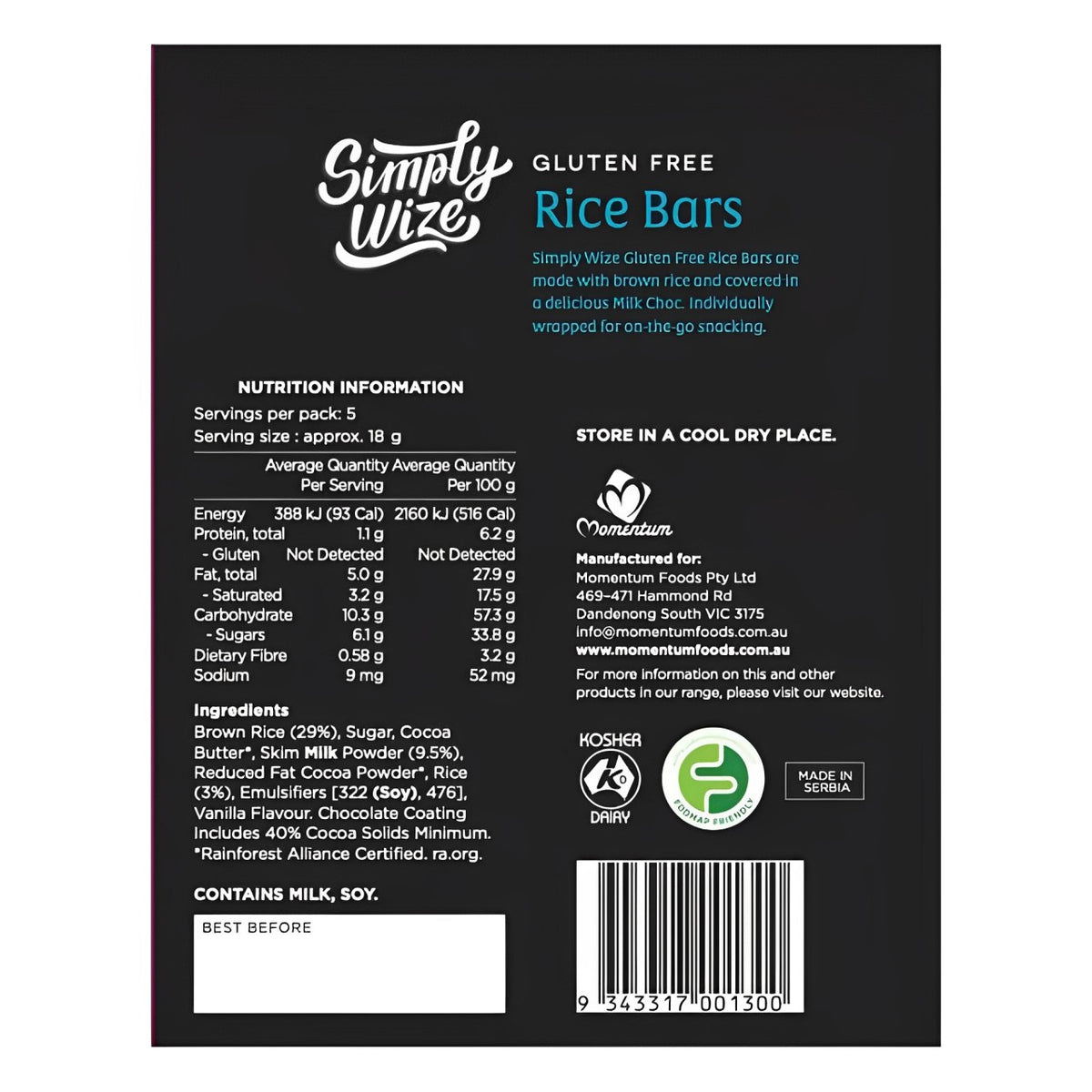 Rice Bars in Milk Choc 90g Gluten Free Bar